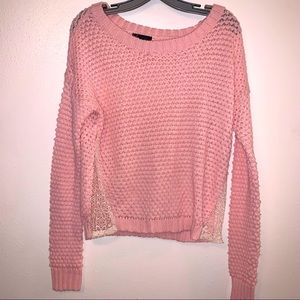 T/O Large Pink and White Knit Sweater With Lace Look On the Sides